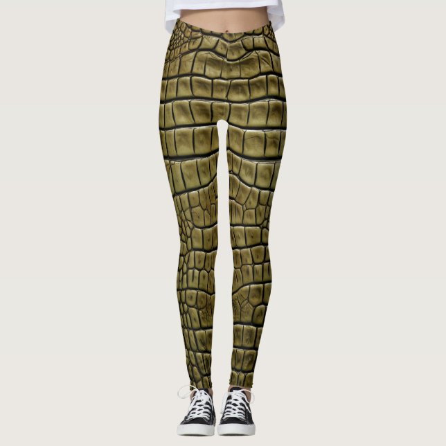 Crokodile Skin Print Brown Leggings & Yoga Byxor (Framsida)