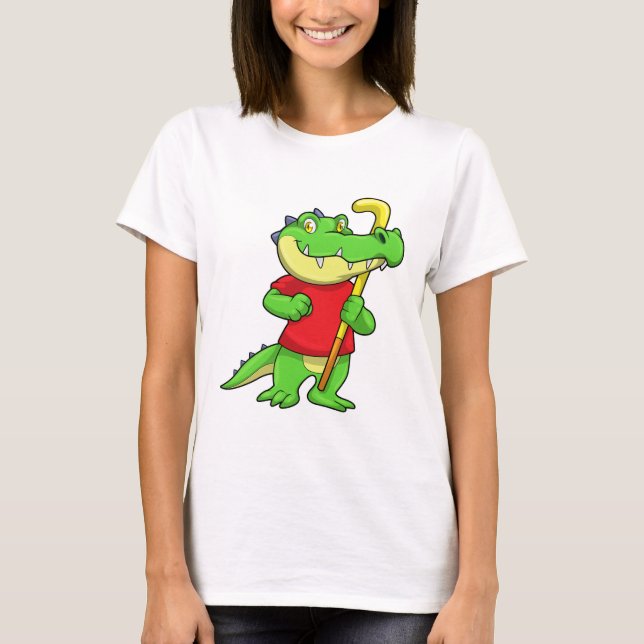 Crokodile vid Fält hockey med Stick T Shirt (Framsida)