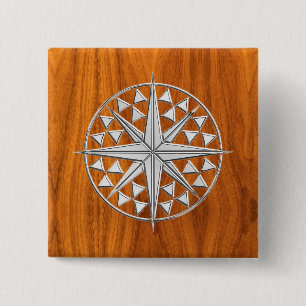 Crome Stil Nautical Compass Star på Teak Veneer Knapp
