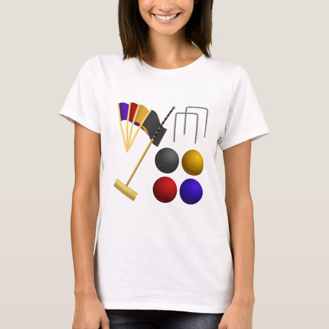 Croquet Equipment Set Mallet Balls Hoops T Shirt (Framsida)