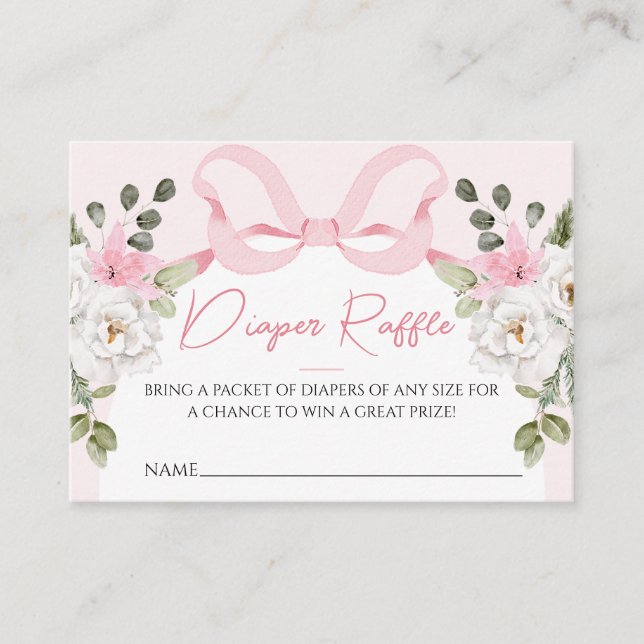 Croquette Rosa Baby Shower Bow Diaper RaffCard Visitkort (Framsida)
