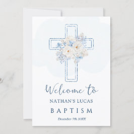 Cross Blue Floral Welcome to Baptism Announcement