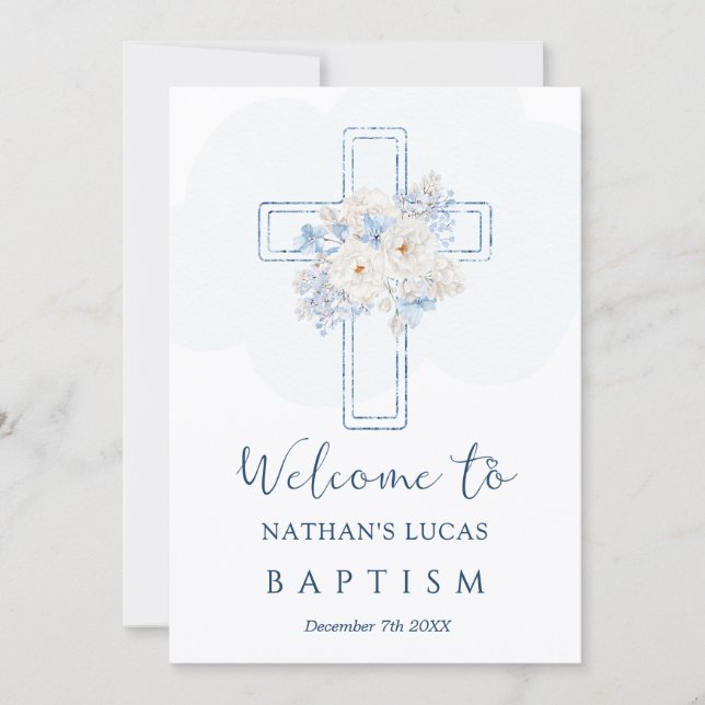 Cross Blue Floral Welcome to Baptism Announcement (Framsida)