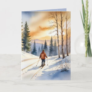 Cross country Skier-vattenfärg Helgkort
