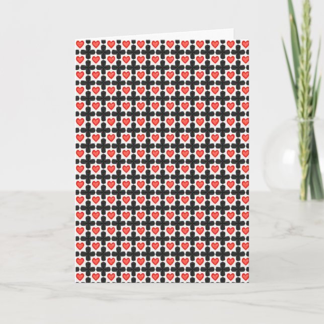 Cross Shaped Checkered Pattern with Red Hearts Kort (Framsida)