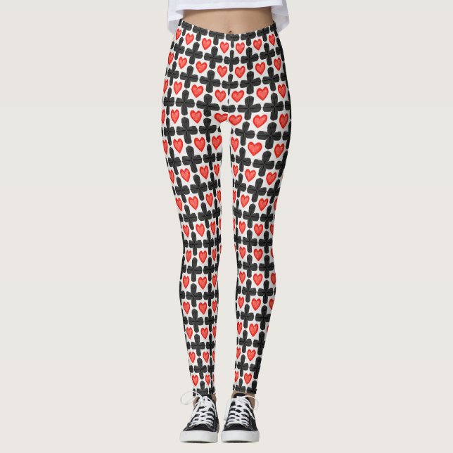 Cross Shaped Checkered Pattern with Red Hearts Leggings (Framsida)