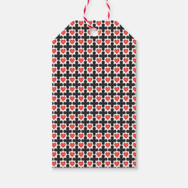 Cross Shaped Checkered Pattern with Red Hearts Presentetikett (Framsidan)
