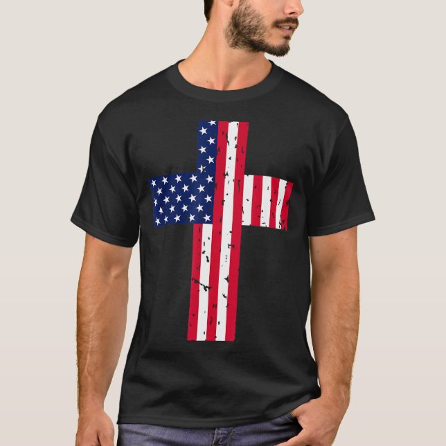 Cross Usa Flag Christian Religious Us America Fait T Shirt (Framsida)