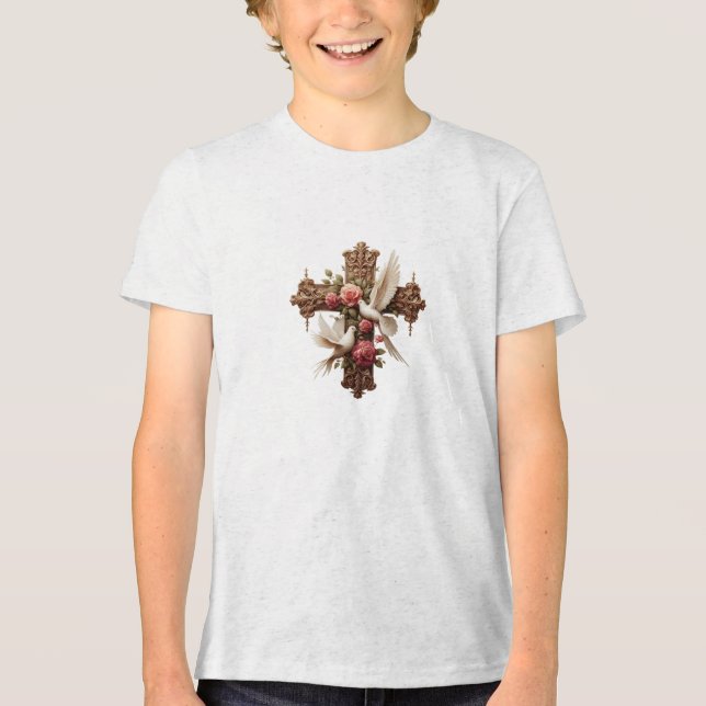 Cross with Doves – Christian Faith Inspirational D T Shirt (Framsida)