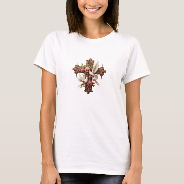Cross with Doves – Christian Faith Inspirational D T Shirt (Framsida)