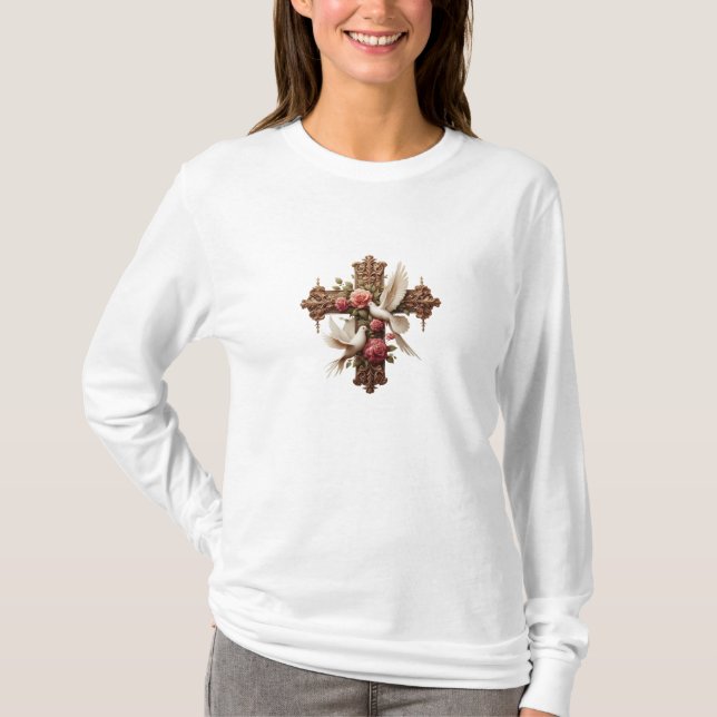 Cross with Doves – Christian Faith Inspirational D T Shirt (Framsida)