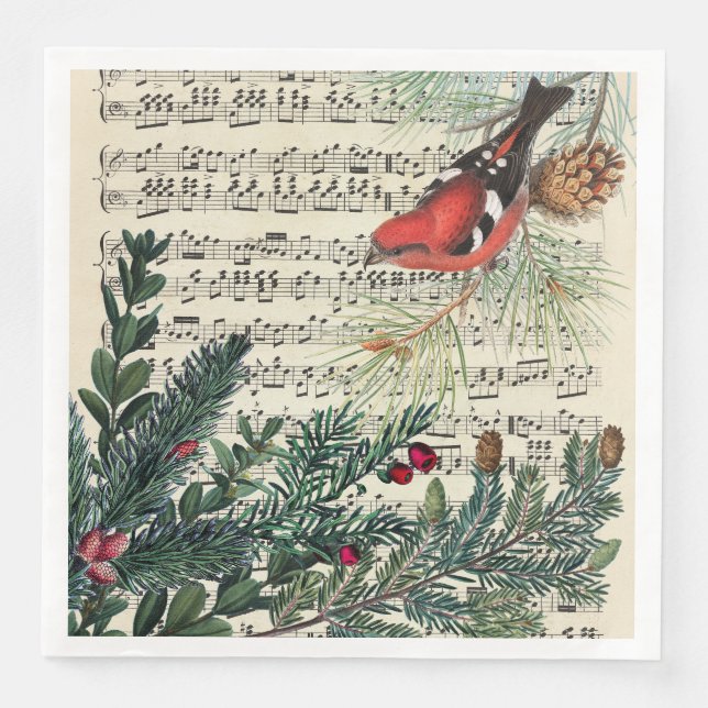 Crossbill med musikalisk poäng och gräs grenar pappersservett (Framsida)