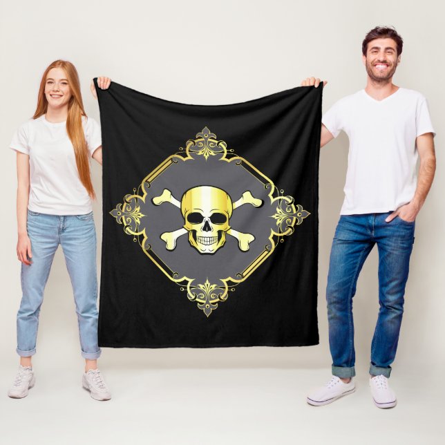 Crossbone/Jolly Roger/Pirat/guld/svart Ull Fleecefilt (På plats)