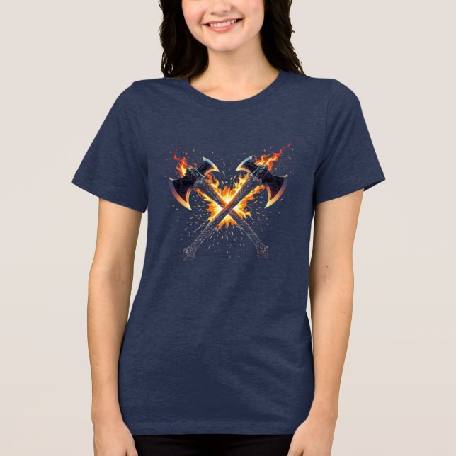 Crossed Fantasy Axes with Fiery Energy – Powerful  T Shirt (Framsida)