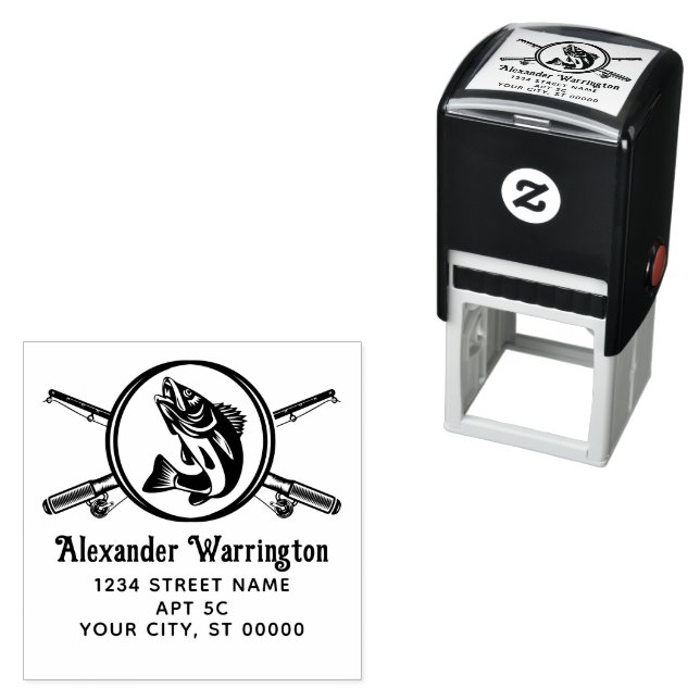 Crossed Fisheries Rods Reels, Fish Namn Retn Adres Självfärgande Stämpel (In Situ)