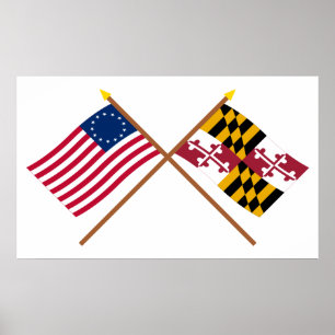 Crossed US 13-star och Maryland Statlig flagga Poster