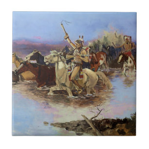 “Crossing the River” av Charles M Russell Kakelplatta