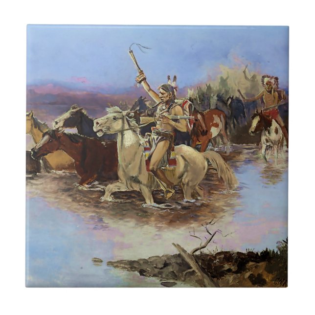 "Crossing the River" av Charles M Russell Kakelplatta (Framsidan)