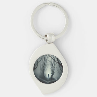 Crossroads in the Fog - Gloomy Forest Art Print Swirl Silverfärgad Nyckelring