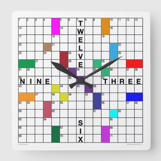 Crossword Clock med nedladdningsbart pussel (färg) Fyrkantig Klocka (Framsida)