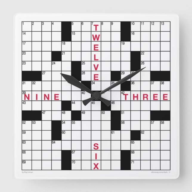 Crossword Clock med nedladdningsbart pussel (svart Fyrkantig Klocka (Framsida)