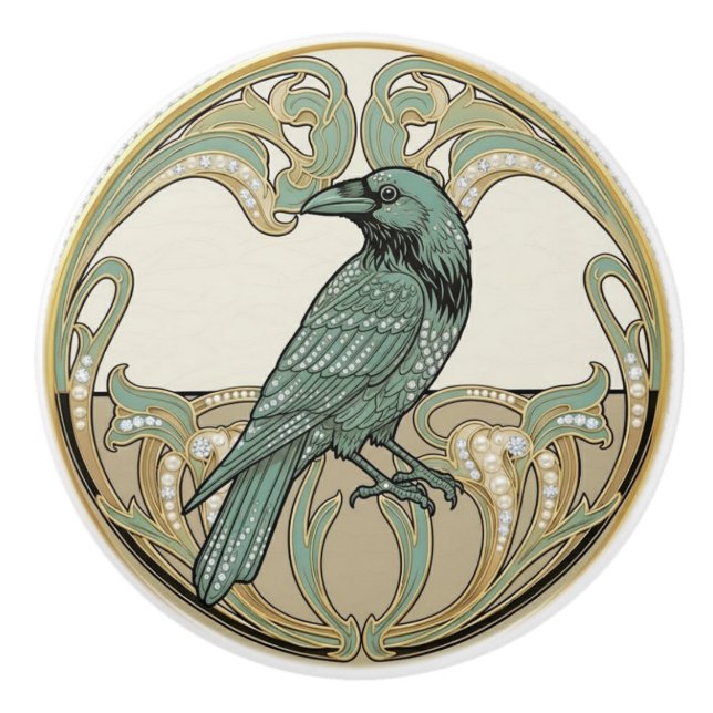 Crow Bird Sage Green & Gold Art Deco Nouveau Knopp (Framsidan)