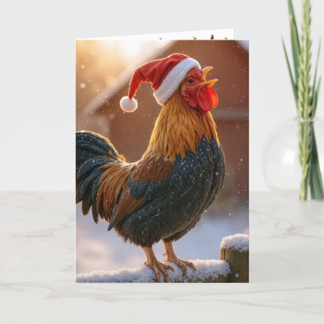 Crowing Christmas Rooster Wearing a Santa Hat Kort (Framsida)