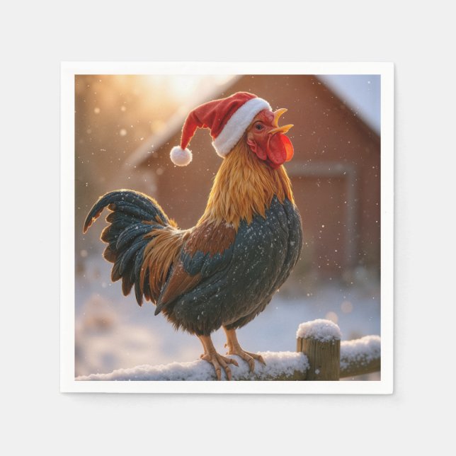 Crowing Christmas Rooster Wearing a Santa Hat Pappersservett (Framsidan)