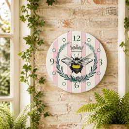 Crown Bee | Rosa och vita randiga väggklocka