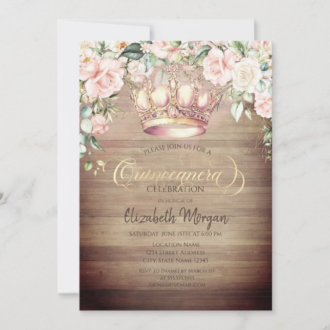 Crown Boho Roses Trä Quinceañera Inbjudningar (Framsida)