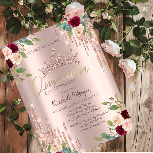 Crown Drop, Burgunderrosor Rosa Guld Quinceañera Inbjudningar