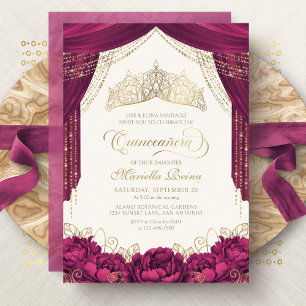 Crown Floral Burgunder Modern Quinceanera Inbjudningar