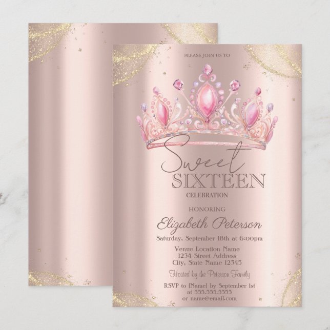  Crown Gold Glitter Corners Rose Gold Sweet 16   Inbjudningar (Fram/baksida)