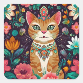 Crowned Bejeweled Cat Fyrkantigt Klistermärke