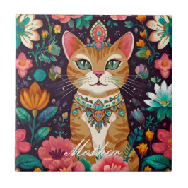 Crowned Bejeweled Cat Kakelplatta