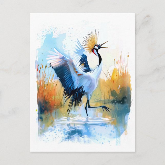 Crowned Crane Dancing i Vatten Helg Vykort (Framsida)