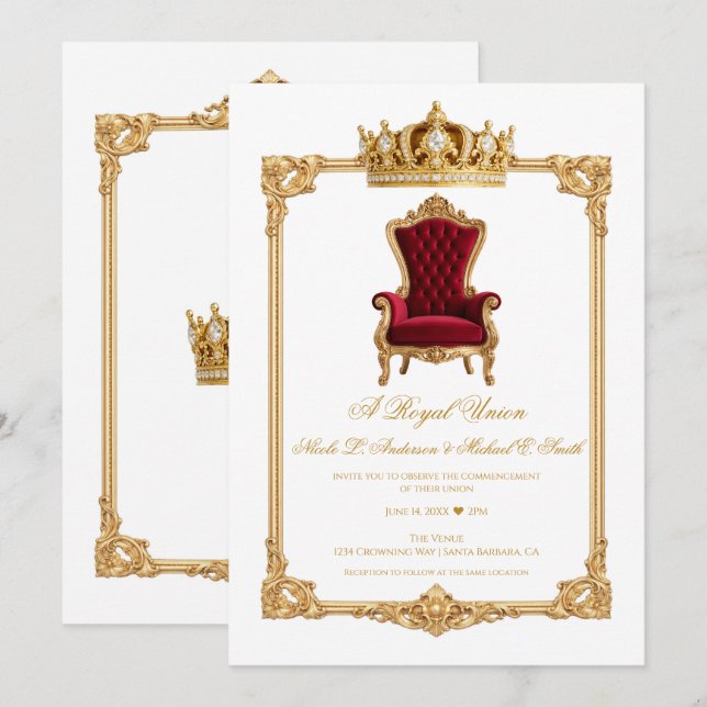 Crowned in Gold Royal Chair & Crown Wedding Inbjudningar (Fram/baksida)