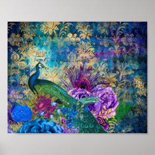 Crowned Peacock på Blue Lila Blommigt Poster