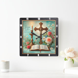 Crucifix Candlelight Bible Blommigt Fyrkantig Klocka