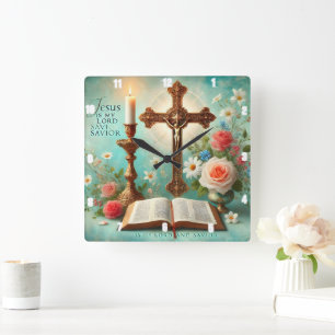 Crucifix Candlelight Bible Blommigt Jesus Fyrkantig Klocka