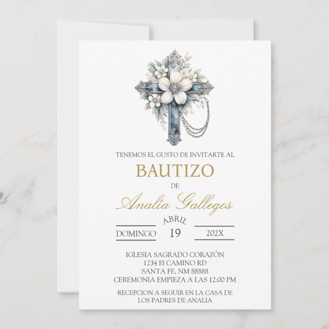 Crucifix Inbjudan till spansk baptism (Framsida)
