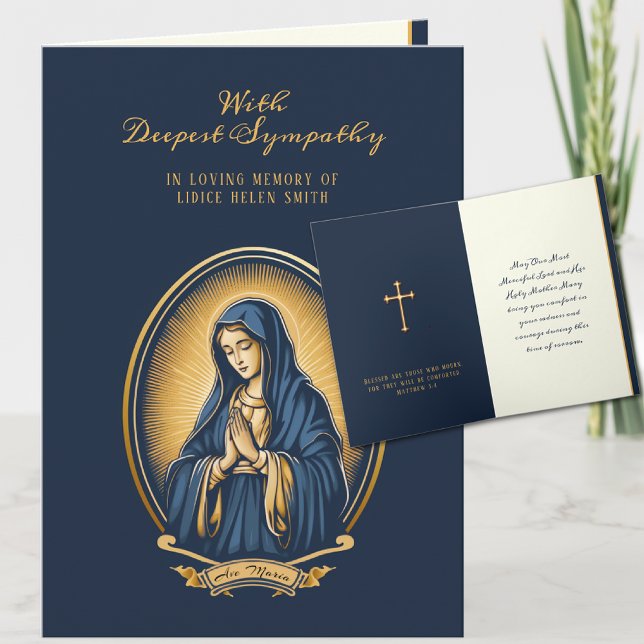 Crucifix-kort för katolsk sympati, Virgin Mary Gul Kort (Expressions of sympathy are greatly appreciated during these sorrowful moments. )
