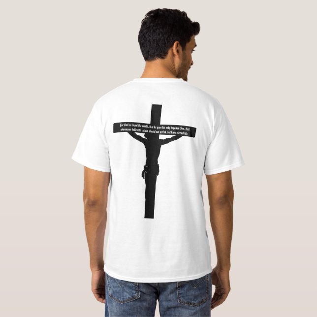 Crucifix och verse för T-tröja för John 3:16vit på Tee Shirt (Hel baksida)