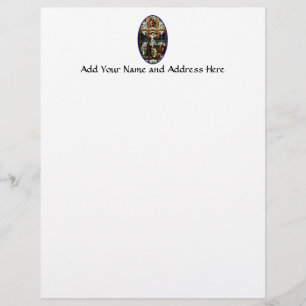 Crucifixion av det Jesus målat glassfönstret Brevhuvud