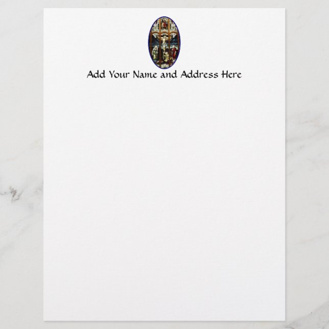 Crucifixion av det Jesus målat glassfönstret Brevhuvud (Framsida)