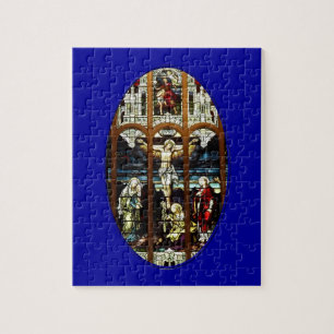 Crucifixion av det Jesus målat glassfönstret Pussel