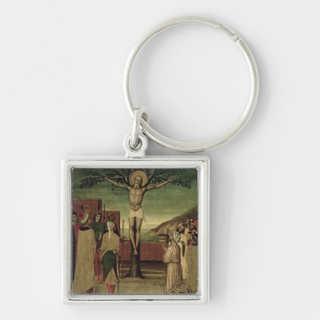 Crucifixion av St Andrew Fyrkantig Silverfärgad Nyckelring (Framsidan)