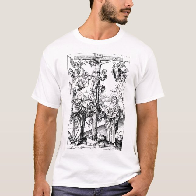 Crucifixion med fyra Änglar, medeltida gravyr T Shirt (Framsida)