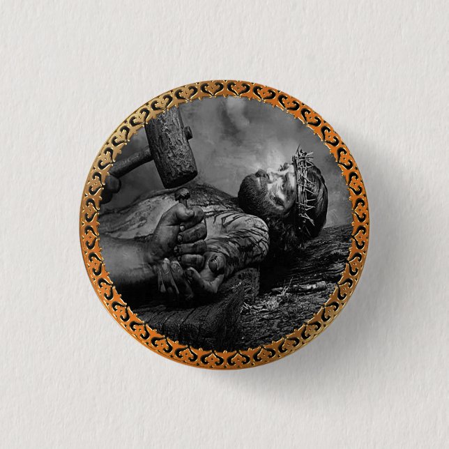 Crucifixion Scene som företräder Jesus vid hans sl Knapp (Framsida)