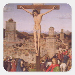 Crucifixionen (olja på panel) fyrkantigt klistermärke